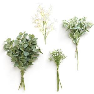 Ling's moment Artificial Greenery Stems Box Set, 15pcs with 4 Kinds of Faux Greenery Picks for DIY Bridal Bouquets Wedding Floral Arrangement Table Centerpieces, Tender Green & Sage Green