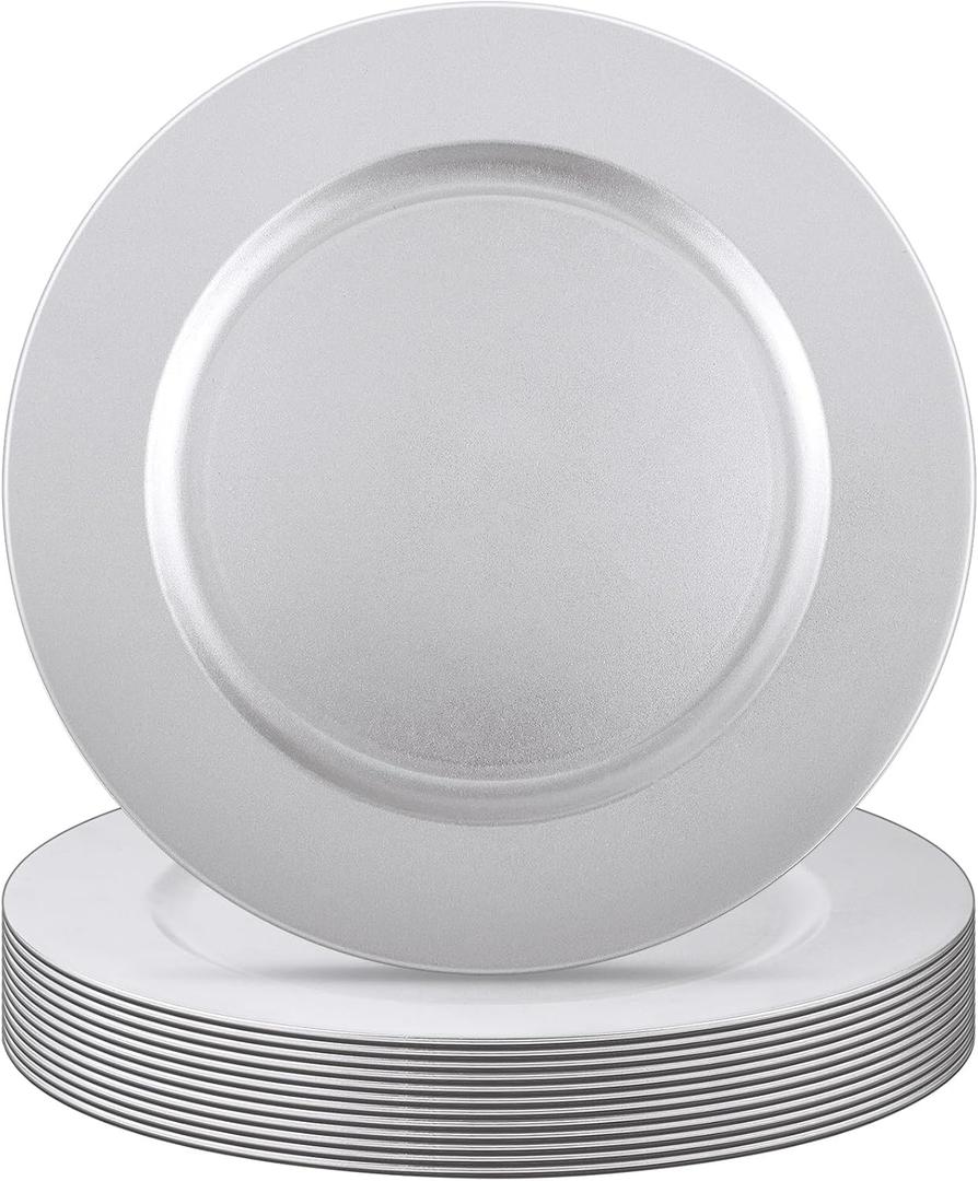Tanlade 12 Pcs 13 Inch Charger Plates Bulk Round Wedding Chargers Plastic Dinner Plates for Table Setting Wedding Party Decoration (Silver White)