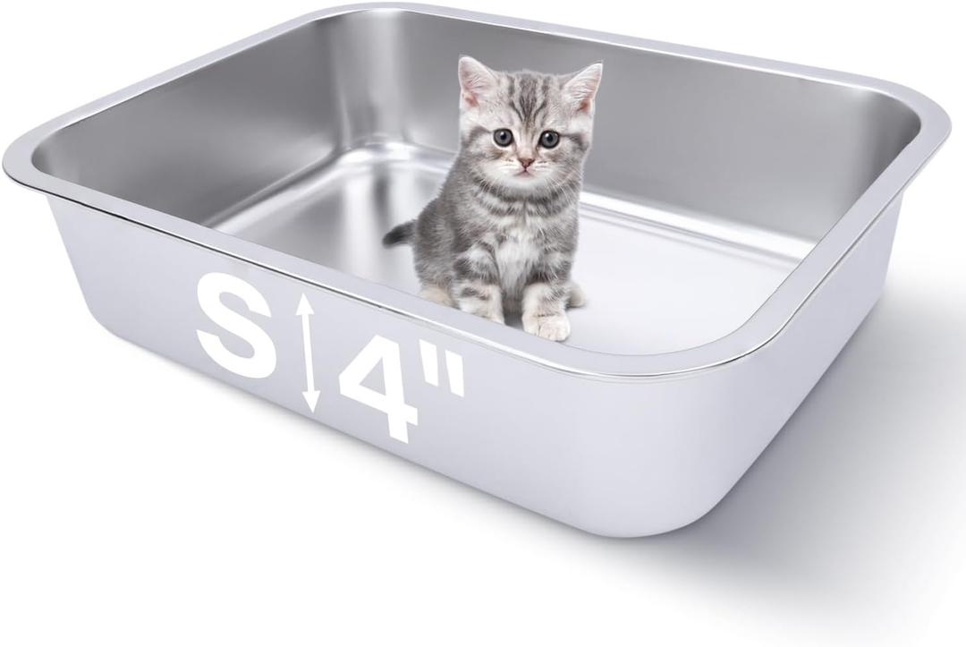 Small Stainless Steel Litter Box for Kittens, 15.5"11.6"4" Metal Litter Box for Kitten Rust-Proof, Non Stick, No Smell, Easy to Clean for Cats Rabbits