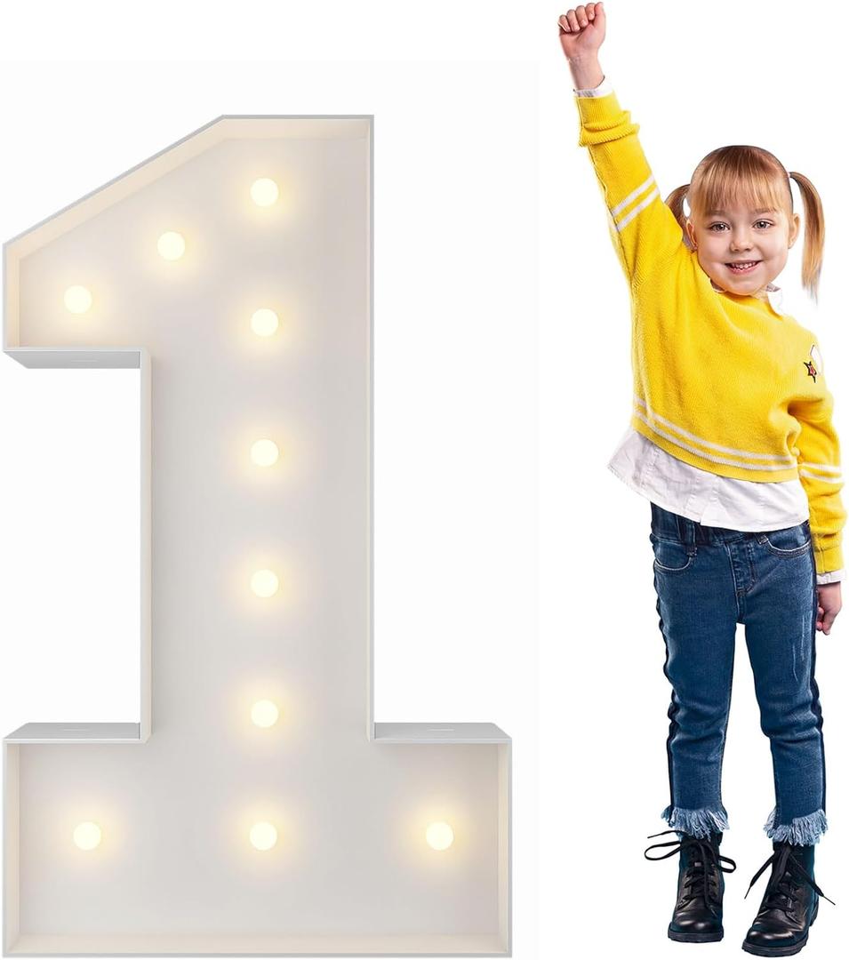 3FT Light Up Numbers Pre-Cut Frame Giant Marquee Numbers 1, Mosaic Numbers for Balloons, First 1st 21st Birthday Anniversary Decorations Party Decor