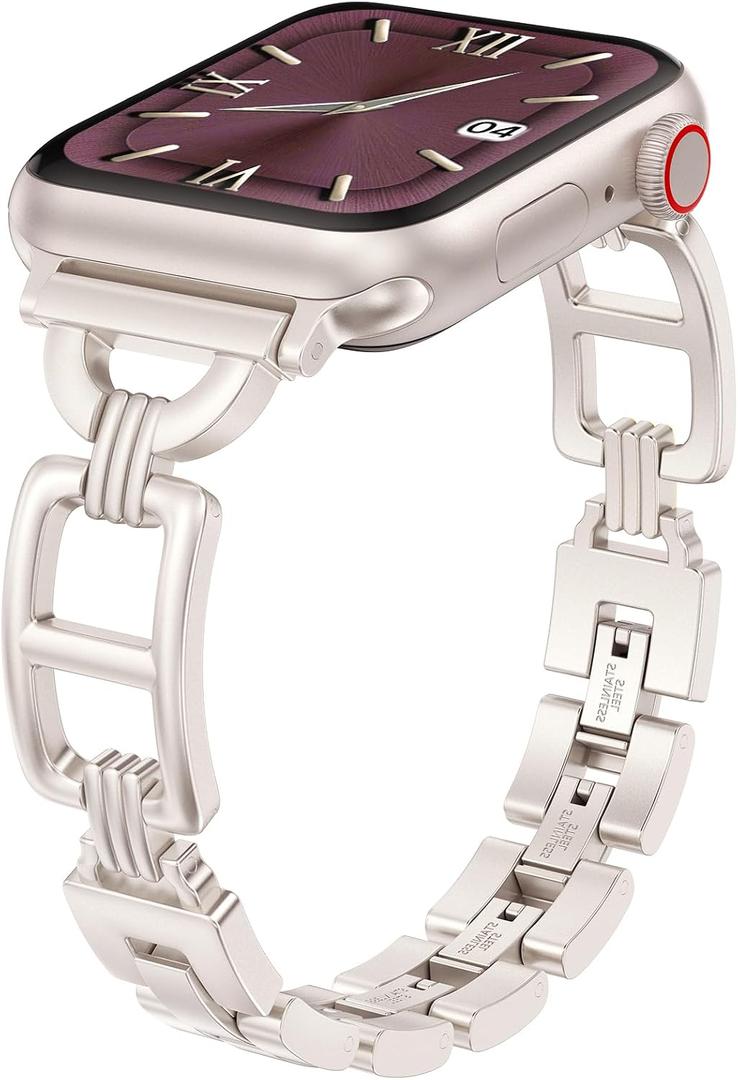 Wearlizer Compatible with Apple Watch Band 44/45/46/49/42mm Women, Dressy Stainless Steel Metal Jewelry Designer Gold Silver Chain Strap for iWatch Series 11 10 9 8 7 6 5 4 3 SE/Ultra 3 2 1-Starlight