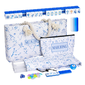 TIASUSAN American Mahjong Game Set(4 Layer), 160 Blue Engraved Tiles, White Bag and Entire Accessories, 4 All-in-One Rack/Pushers, Mahjong Tile Set