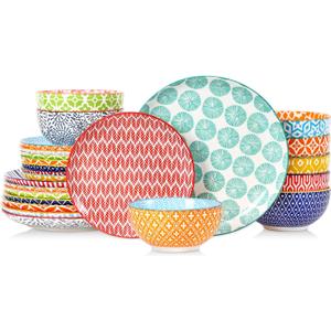 Selamica Ceramic Plates and Bowls Sets,24 Pieces Dinnerware Sets for 8,Scratch Resistant Dish Set for family gathering,Dishwasher & Microwave Safe, Assorted Colors