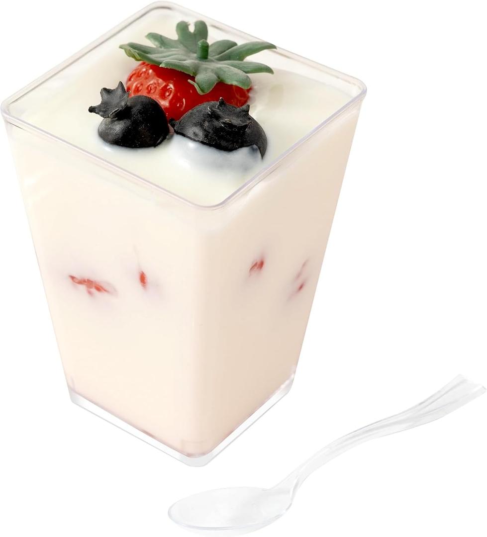 HOMIP 60Pack 5oz Plastic Dessert Cups with Spoons (No Lids) Ideal for Yogurt Parfaits, Pudding, Fruit, Ice Cream & Party Desserts Great for Events & Gatherings