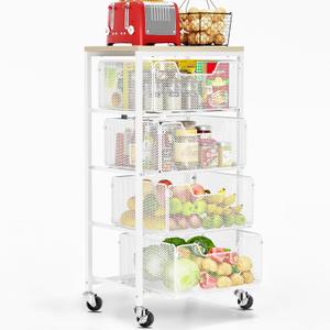 Goovilla Kitchen Cart with Drawers, 4 Tier Metal Rolling Utility Cart Organizer on Lockable Wheels with Wooden Top, White Fruit Vegetable Storage Rack Also for Cans, Snack, Craft, Art, Office, Beauty