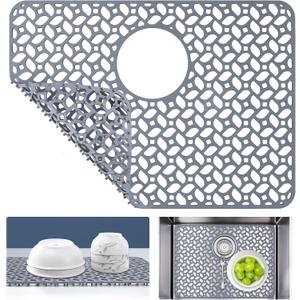 Silicone Sink Protector, Rear Drain Kitchen sink mat Grid Accessory, 1 PCS Grey Non-slip Heat Resistant sink mats for Bottom of Farmhouse Stainless Steel Porcelain Sink, Size: 16x29