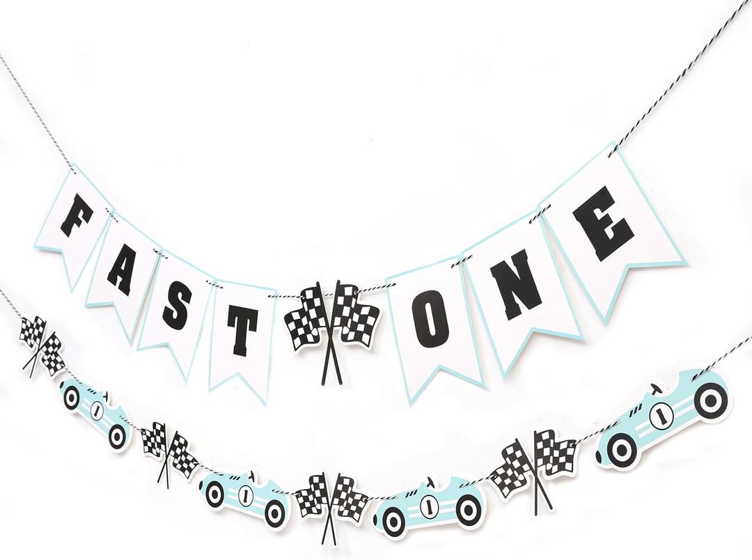 Fast One Birthday Banner - Racecar 1st Birthday Decorations,Fast One Party Banner, Racing Party Decoration (red) (blue)