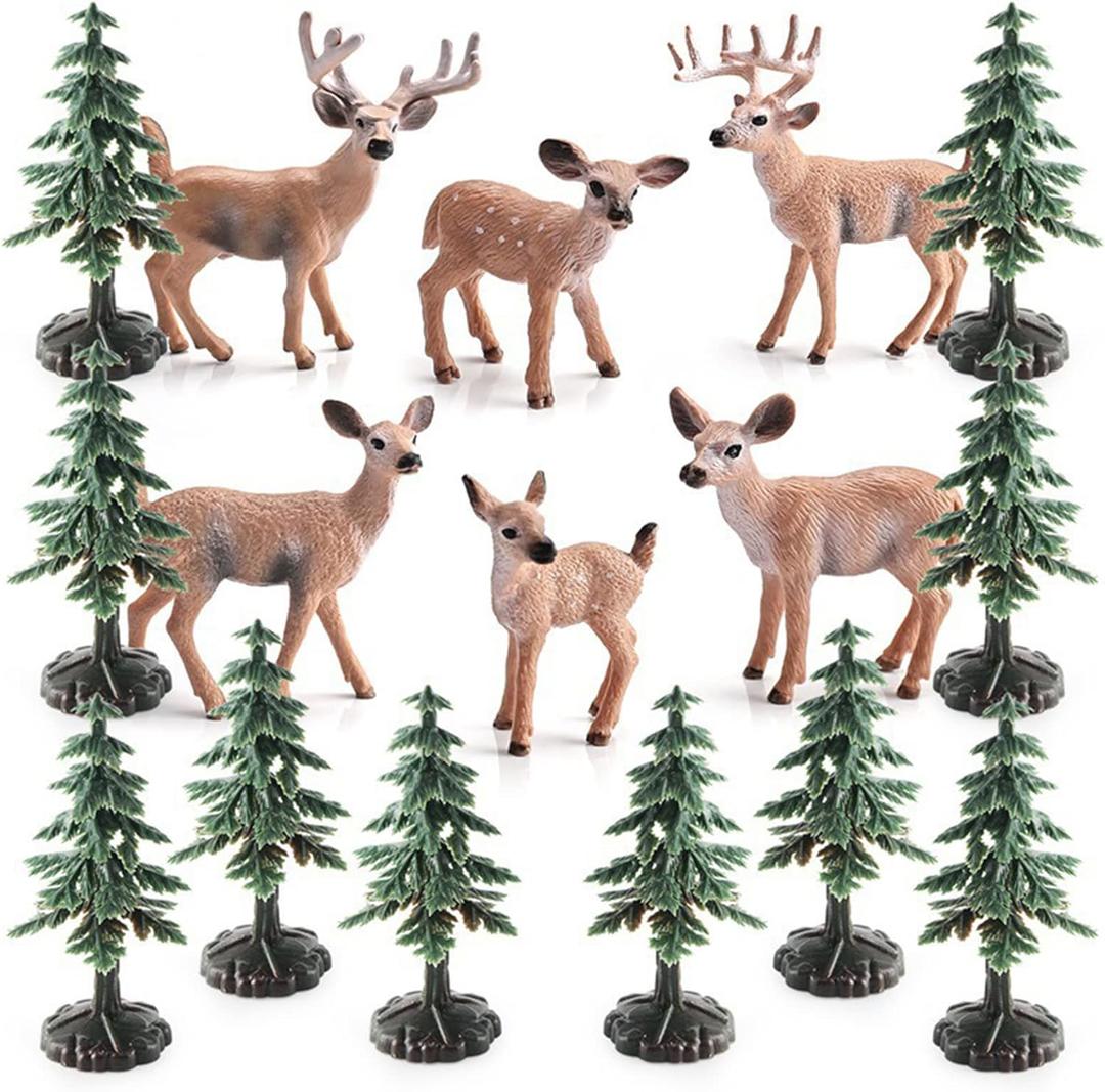 16PCS Deer Figurines Model Trees Kit, Plastic Woodland Animals Toys, Miniature Wild Forest Animal Figures for Christmas Decoration Cake Toppers Party Favors
