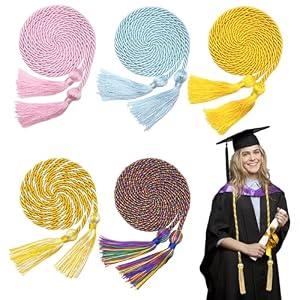 5 Pcs Graduation Cords with Tassel for High School Bachelor Gown College Graduation 2025 (Gold, Sky Blue, Pink, White & Gold, Rainbow)