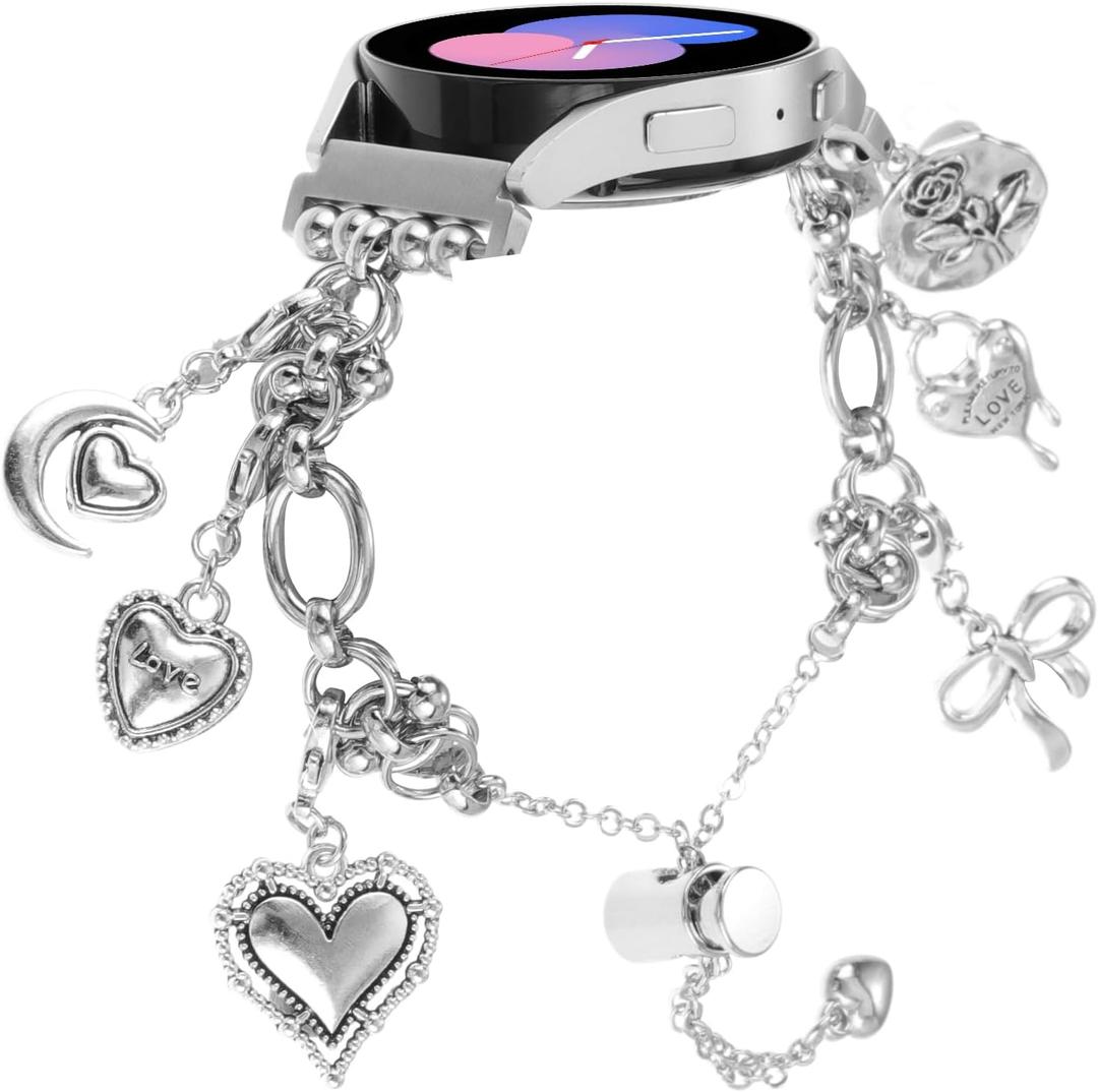 PENKEY Metal Band Compatible with Samsung Galaxy Watch 7 6 5 4 FE 40mm 44mm, Bling Bracelet Charms Dressy Pendants Straps for Samsung Watch 6 4 Classic 47mm 43mm 42mm 46mm/Watch 5 Pro 45mm
