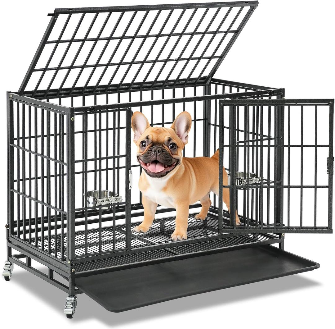 Homey Pet 37 inch Stackable Heavy Duty Dog Crate, Indestructible Escape Proof Dogs Cage Kennel with Lockable Wheels, Removable Tray & Metal Grid, Double Doors for High Anxiety Medium/Small Dogs (36.6"L x 22.5"W x 29.1"H)