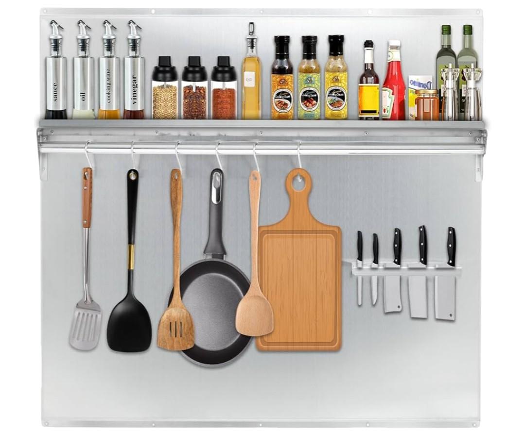 24"x30" Stainless Steel Range Backsplash for Stove Hood, Wall Mount Panel with Storage Shelf & Knife Rack, Commercial Grade, Pre-Drilled Holes for Easy Installation & Cleaning