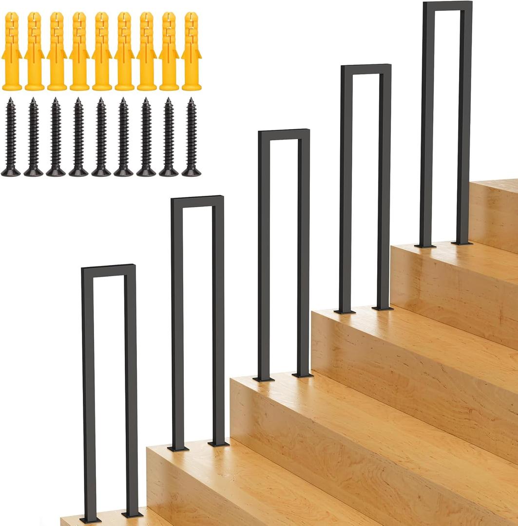 U-Shaped Staircase Handrails,Indoor Outdoor Iron Matte Black Stair Handrail,Floor Mounted Industrial Hand Rail,Non-Slip Support Bar Porch Deck Loft Corridor Stair Rail for Elderly & Children(90cm/3FT) (35.5in)