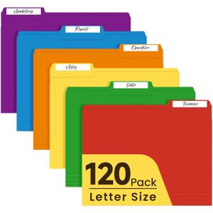 Colored File Folders Letter Size, 120 Pack 6 Colors Bright Folders 1/3 Cut Tabs, Assorted Pastel Color Office School Buiness Folders for Filing Organization, Paper File Folder Bulk Set