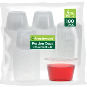 Freshware Plastic Portion Cups with Lids [4-Ounce, 100 Sets] - Souffle, Sampling, Sauce, Snack, Dressing, Jello Shot Cups, Plastic Containers, BPA Free