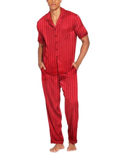 Ekouaer Men Satin Silk Pajamas  Piece Button Down Sleepwear Long Pants Loungewear with Pockets Red Thin Stripe X-Large