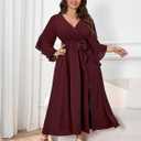Womens Plus Size Dress Wedding Guest Cocktail Ruffle Half Sleeve Wrap V Neck Slit A Line Maxi Dresses with Belt (XL)