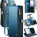 Defencase Compatible with iPhone 14 Case Wallet with RFID Blocking Card Holder for Women and Men, Fashion PU Leather Magnetic Snap Flip Zipper Strap Wallet Phone Case Fit for iPhone 14 6.1", Dark Blue