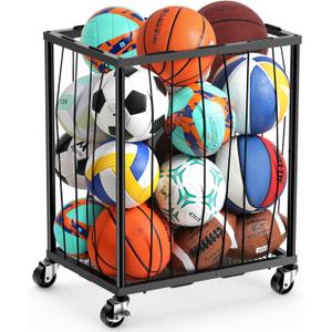TomCare Garage Ball Rolling Storage Rack Large Capacity Basketball Holder with Elastic Rope [Hold 12-15 Balls][Easy to Take] Garage Sports Equipment Organizer cart with Wheels for Home, Outdoor Use