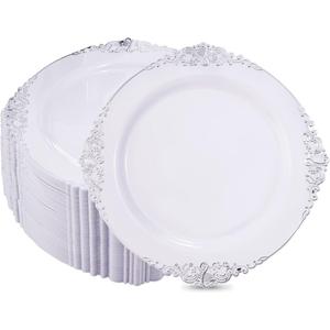 Hioasis 100pcs White Silver Plastic Plates - 10.25" Dinner Plates Disposable, Heavy -duty, Classy and Elegant for Thanksgiving