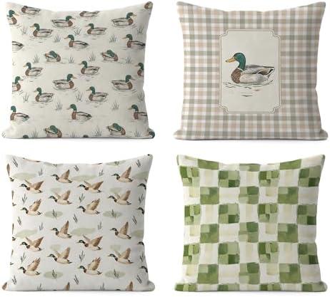 FGFK Farmhouse Mallard Duck Pillow Covers 18x18, Mallard Duck Nursery Decor, Farmhouse Beige Gingham Farm Animal Decorative Throw Pillow Covers for Kids Room Home Living Room Bedroom