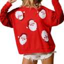 Seyumixi Women Christmas Sequined Long Sleeve Sweatshirt Cute Glitter Santa Holiday Crewneck Pullover Tops Xmas Gifts, Cute Santa Red, X-Large