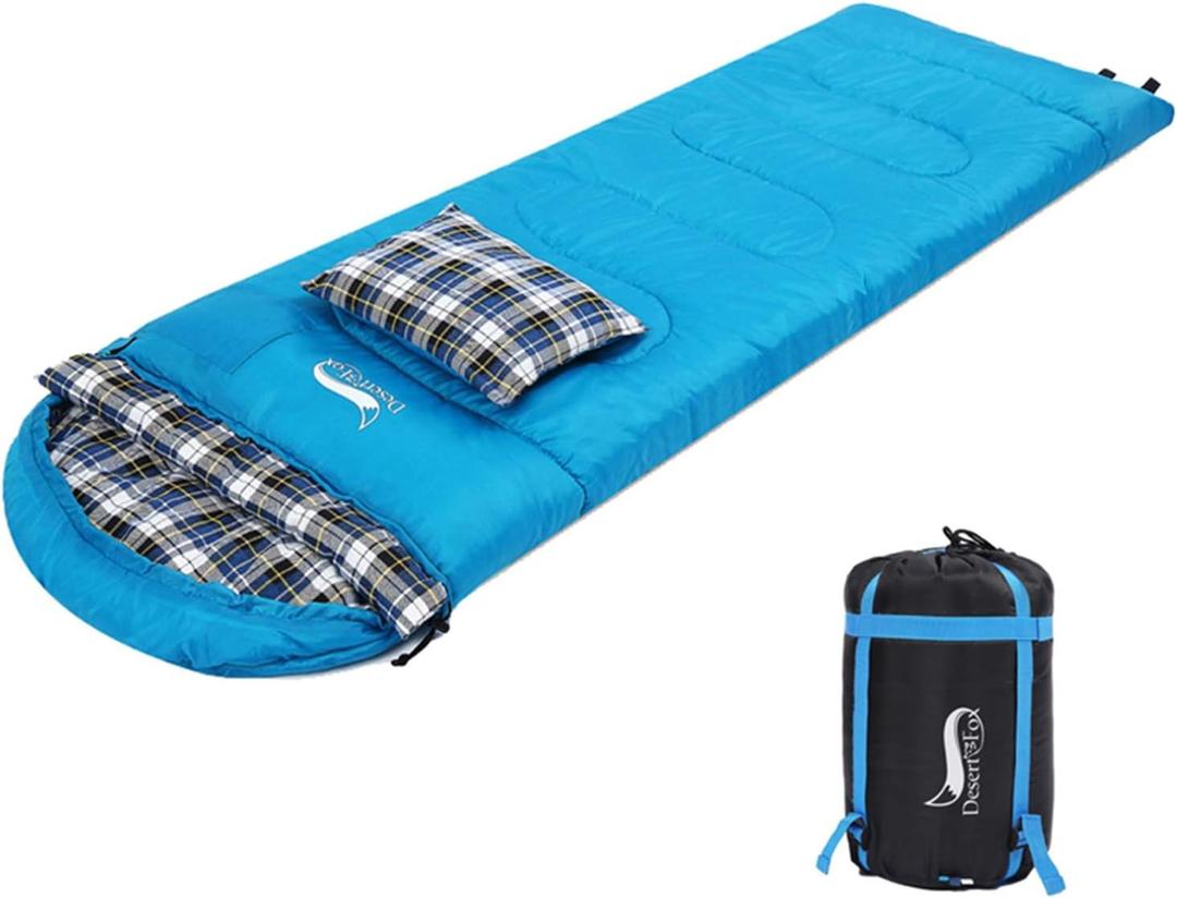 DESERT & FOX Cotton Flannel Sleeping Bags with Pillow, 4 Season Warm & Cold Weather Envelope Compression Sack, Lightweight & Portable, Backpacking Sleeping Bag for Outdoor Camping, Hiking, Traveling, Blue