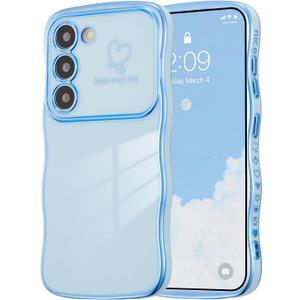 ZTOFERA for Samsung Galaxy S23 5G Case 6.1 inch,Cute Curly Wave Frame Case with Love Heart Pattern,Luxury Plating Edge Full Camera Protection Shockproof Phone Case for Women Girls-Blue