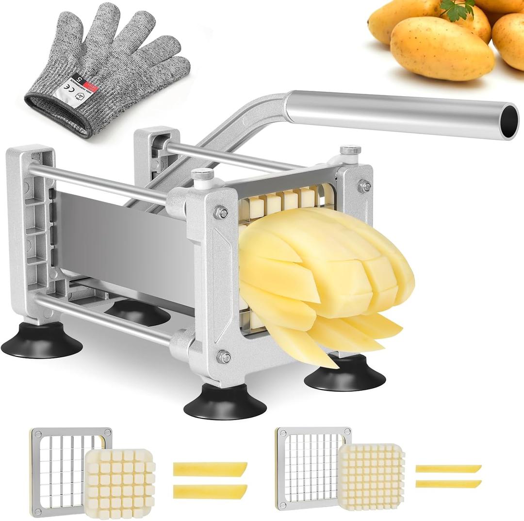 Commercial Grade Vegetable Chopper with 2 Blades - Stainless Steel French Fry Cutter for Restaurant Home Kitchen (Silver)
