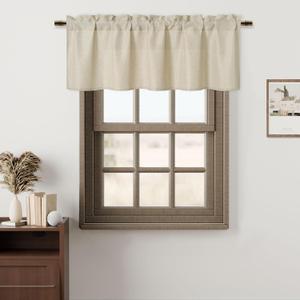 Hiasan Faux Linen Valance Curtains for Kitchen, Light Filtering Rod Pocket Farmhouse Window Valance for Living Room Bedroom Basement, Beige, 42 x 18 Inches Length, 1 Panel