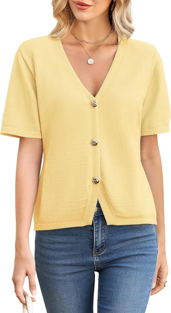 Cardigan Sweaters for Women Short Sleeve V Neck Cardigans Lightweight Button Up Sweater Spring Knit Tops, L
