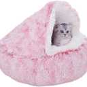 ZaneSun Calming Round Dog Bed & Cat Cave with Hooded Cover, Plush Fluffy Anti-Anxiety Cat Bed, Waterproof Bottom Washable (Pink, 20x20inch)