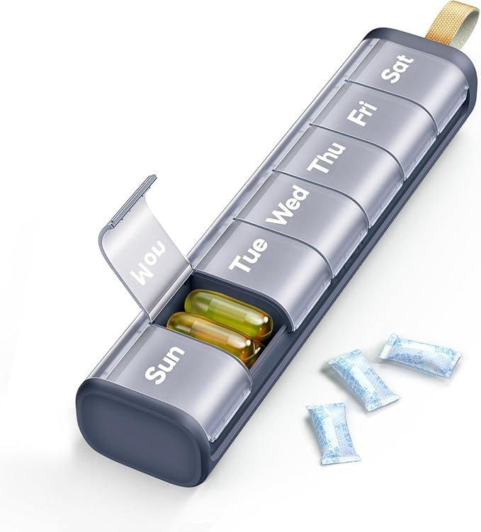 Weekly Medicine Pill Organizer, 7 Day Daily Pill Box Case Travel with Portable Handle, Moisture-Proof Desiccant & Secure Hinges for Vitamins, Medication Supplements