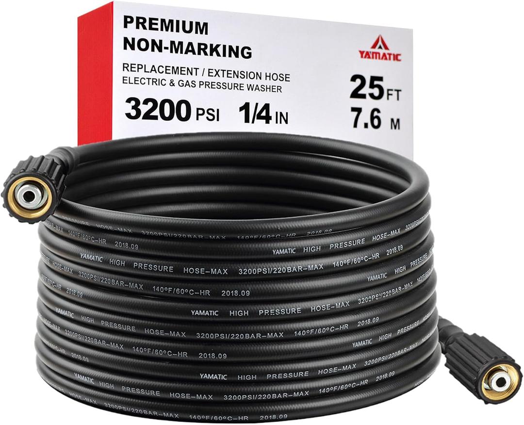 YAMATIC Pressure Washer Hose 25FT 1/4" M22 Brass Fitting Kink Resistant Power Washer Hose Replacement for Ryobi, Troy Bilt, Greenworks, CRAFTSMAN and more M22 Thread Pressure Washers, 3200 PSI