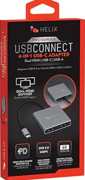 HELIX 4-in-1 USB-C Adapter with Dual HDMI, USB-C, and USB-A 3.0