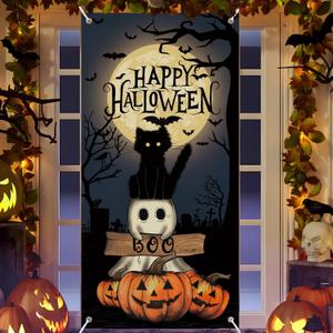 Happy Halloween Door Cover Pumpkin Cat Ghost Door Banner for Indoor Outdoor Windows Wall Halloween Theme Party Decorations