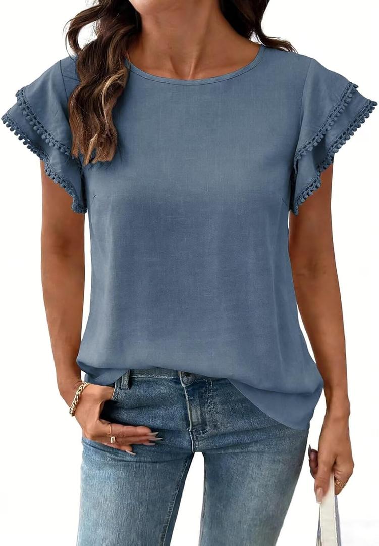 Dokotoo Summer Tops for Women 2026 Casual Round Neck Ruffle Cap Sleeve Blouse Shirts Solid Color Tunic Tops (Blue, S)