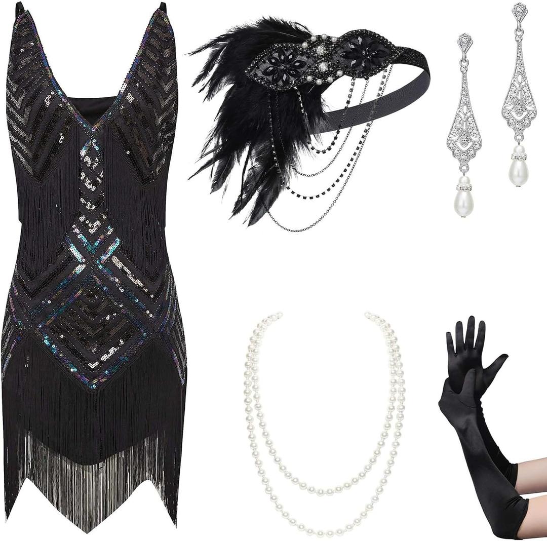 BABEYOND Women's 1920s Flapper Dress V Neck Slip Dress Roaring 20s Great Gatsby Dress for Party S