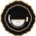 PLASTICPRO 32 Pack Elegant Disposable Plastic Plates Combo Set Includes 16 Dinner Plates and 16 Salad Plates Heavy Duty Fancy Party Plates Black & Gold Contemporary Design