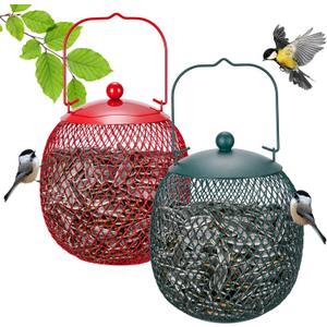 Veehoo Set of 2 Bird Feeder for Outdoors Hanging, Ball Metal Birdfeeder for Outside, Wild Finch Cardinal Chickadee Feeders for Peanut Black Oil Sunflower Seed, Red and Green