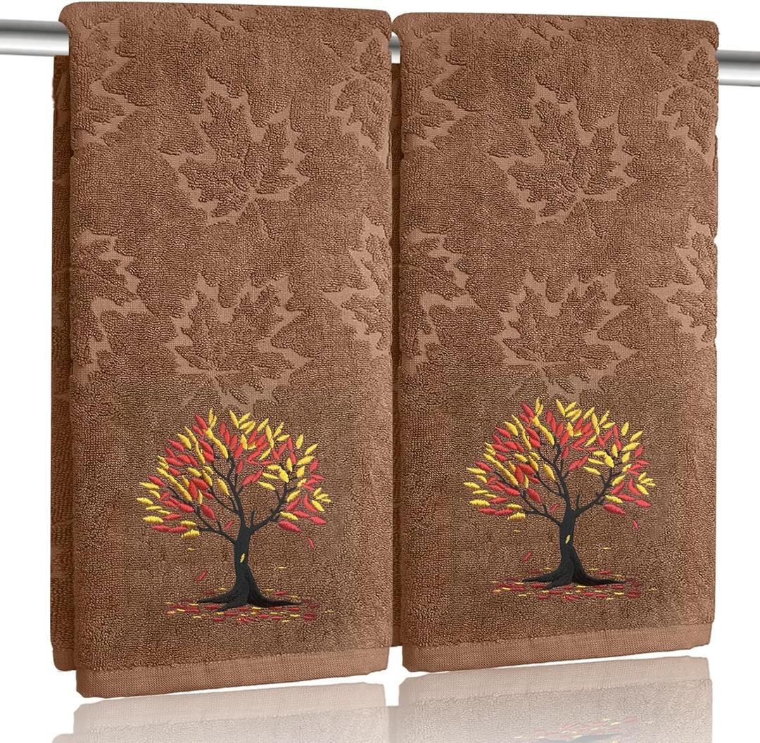 2 Pcs Brown Fall Hand Towels for Bathroom 100% Cotton Jacquard Embroidered Autumn Tree Maple Leaves thanksgiving bath towels bathroom kitchen towels decorative gift Holiday Home DecorBrown Tree