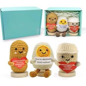 3PC Mini Funny Positive Potato, 3 inch Knitted Doll with Positive Card for Cheer Up Gifts and Party Decorations, Cute Positive Crochet Doll for Birthday Gifts (Coffee Bean+ Coffee Cup+ Egg)