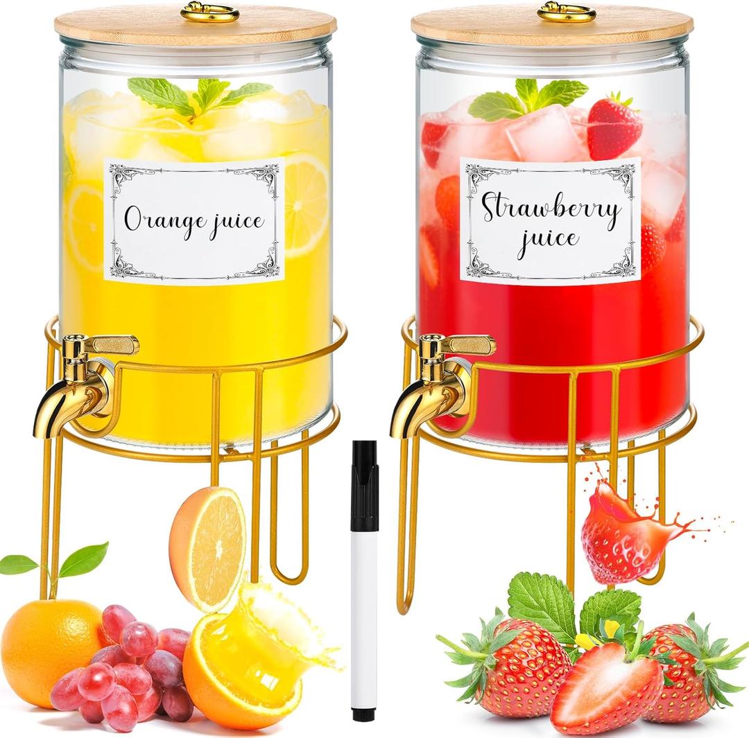 1 Gallon Drink Dispenser,2 Pack Glass Beverage Dispenser With Stand,Juice Containers with Lid for Party,Drink Dispensers for Parties With Spigot for Lemonade/Soda/Tea