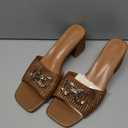 SOVANYOU Women's Raffia Sandals Square Toe Slip on Mules Comfortable Dressy Sandals Chunky Block Heels for Beach Party Vacation Shoes, Size 8.5