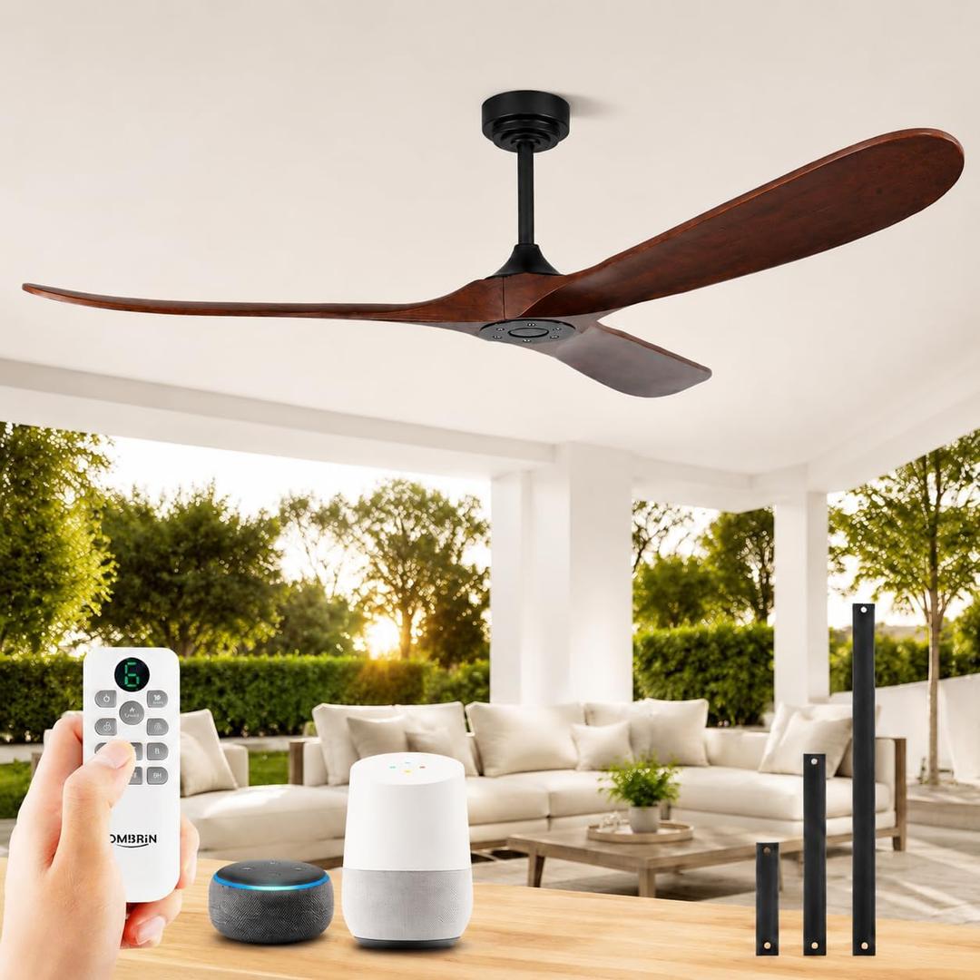 72" Ceiling Fans without Lights, Wood Large Ceiling Fan no Light with Remote Voice Control Alexa, 3 Blade Propeller for Patios Farmhouse Garage High cfm, Red Walnut