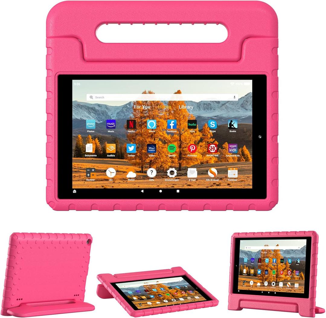 Kids Case for Amazon Kindle Fire HD 10 5th/7th/9th Generation 2015/2017/2019 Released, Shockproof Protective Tablet Cases with Adjustable Handle Stand, Rosered