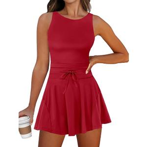 Caracilia Women's Tennis Mini Dresses 2025 Summer Sleeveless Built in Shorts Golf Athletic One Piece Active Romper Dress Red Medium