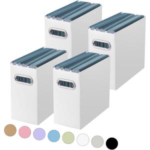 Oterri File Organizer, 4 Packs Small Storage Box, Cardboard File Folder Organizer, Collapsible File Box for Hanging File Folders Letter Size, Portable Filing Organizer with Handle White