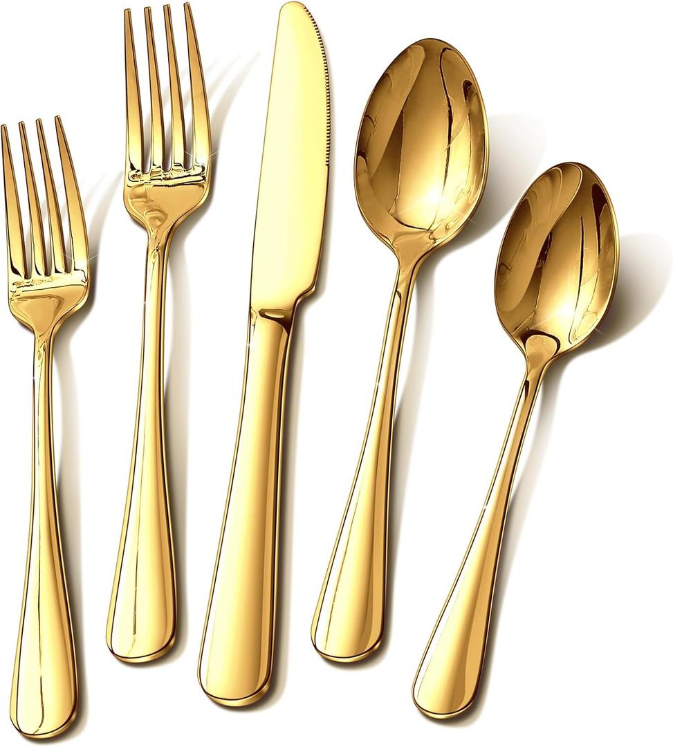 Gold Silverware Set, 30 Piece Flatware Set for 6, Mirror Polished Food-Grade Stainless Steel Cutlery Utensil Set Include Knives Forks Spoons for Kitchen Restaurant Wedding Party, Dishwasher Safe