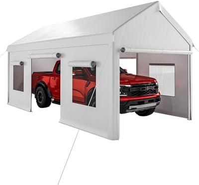 Garvee 10x20 Carport Canopy, Heavy Duty Car Port with Waterproof Tarp, Roll-Up Windows & Doors, Outdoor Portable Garage with Removable Sidewalls, for Car, Boat, Truck, Motorcycle, White